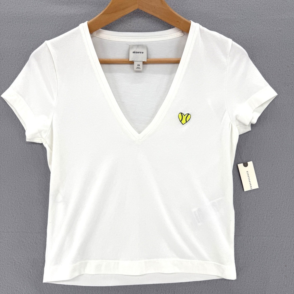 Maeve Anthropologie Womens White Tennis Heart Embroidered V-Neck Cropped Tee XS